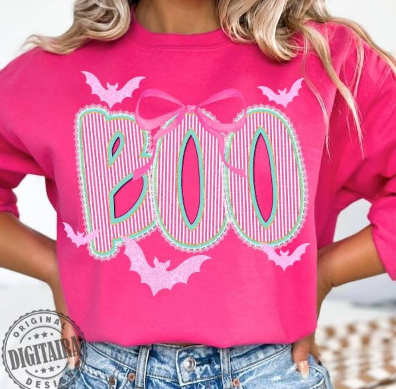 Boo dear sucker letters pink and outlined in green with bats and a bow on top 